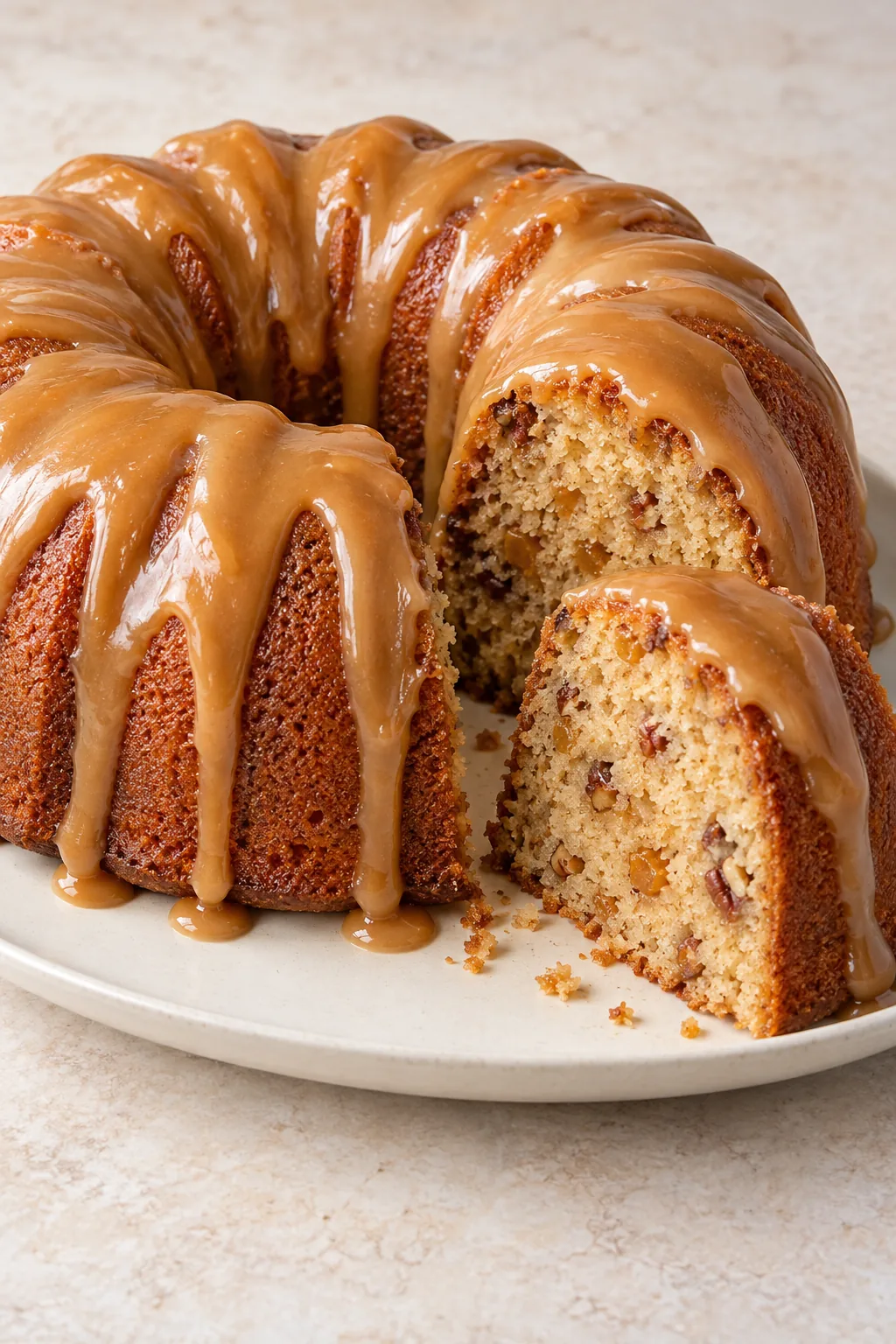 Caramel-drizzled brown sugar pound cake cut to show its tender crumb with pecans and toffee bits