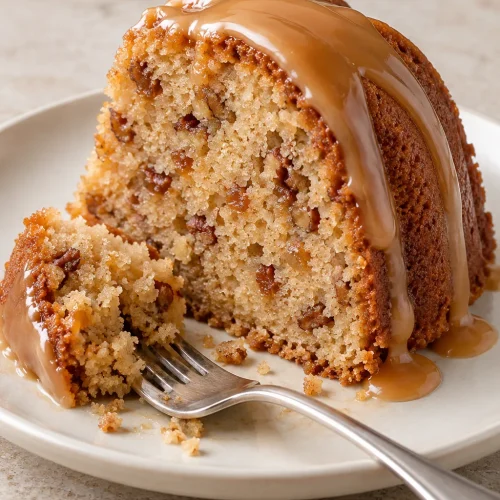 A slice of brown sugar caramel pound cake with pecan and toffee flecks on a white dessert plate