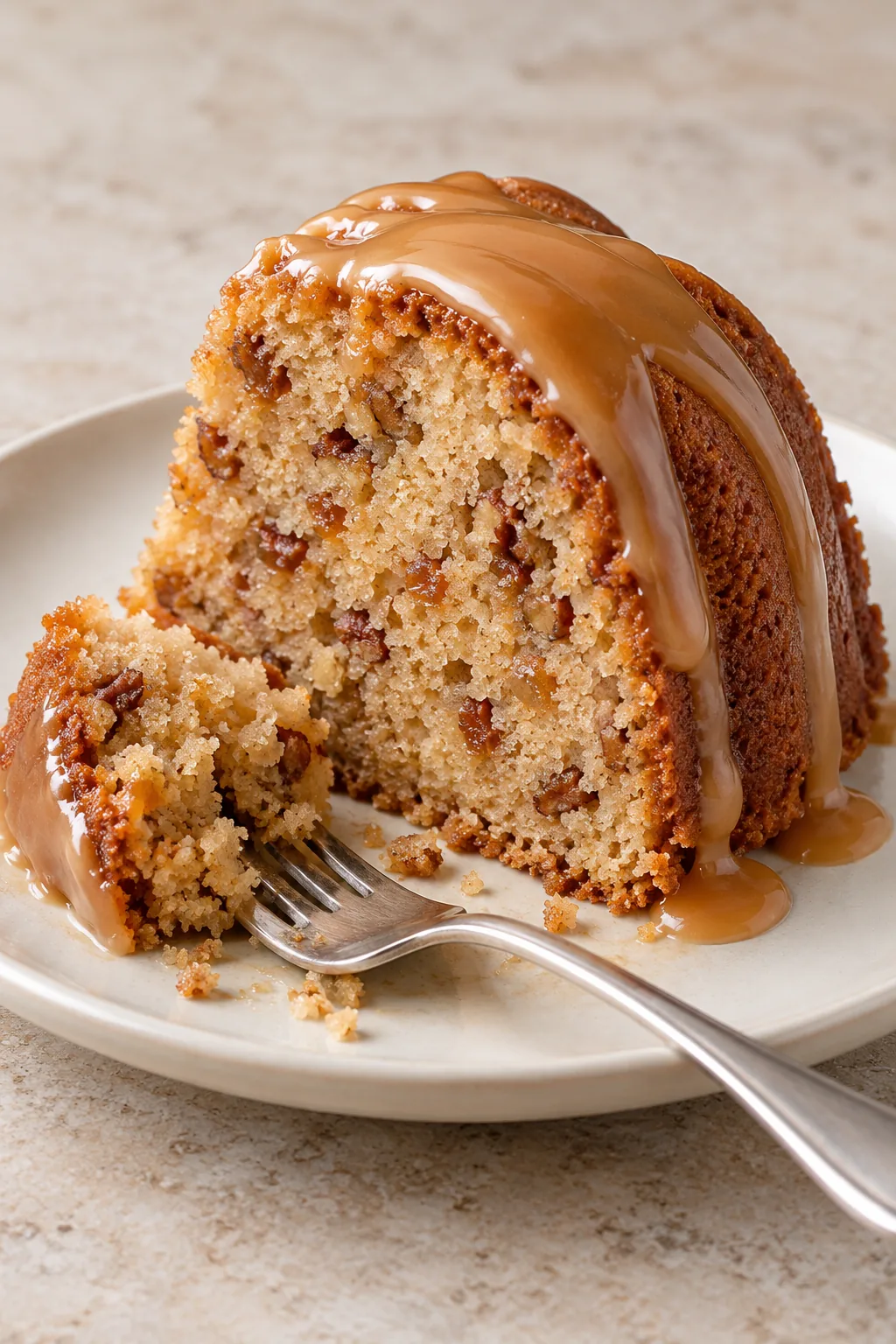 A slice of brown sugar caramel pound cake with pecan and toffee flecks on a white dessert plate