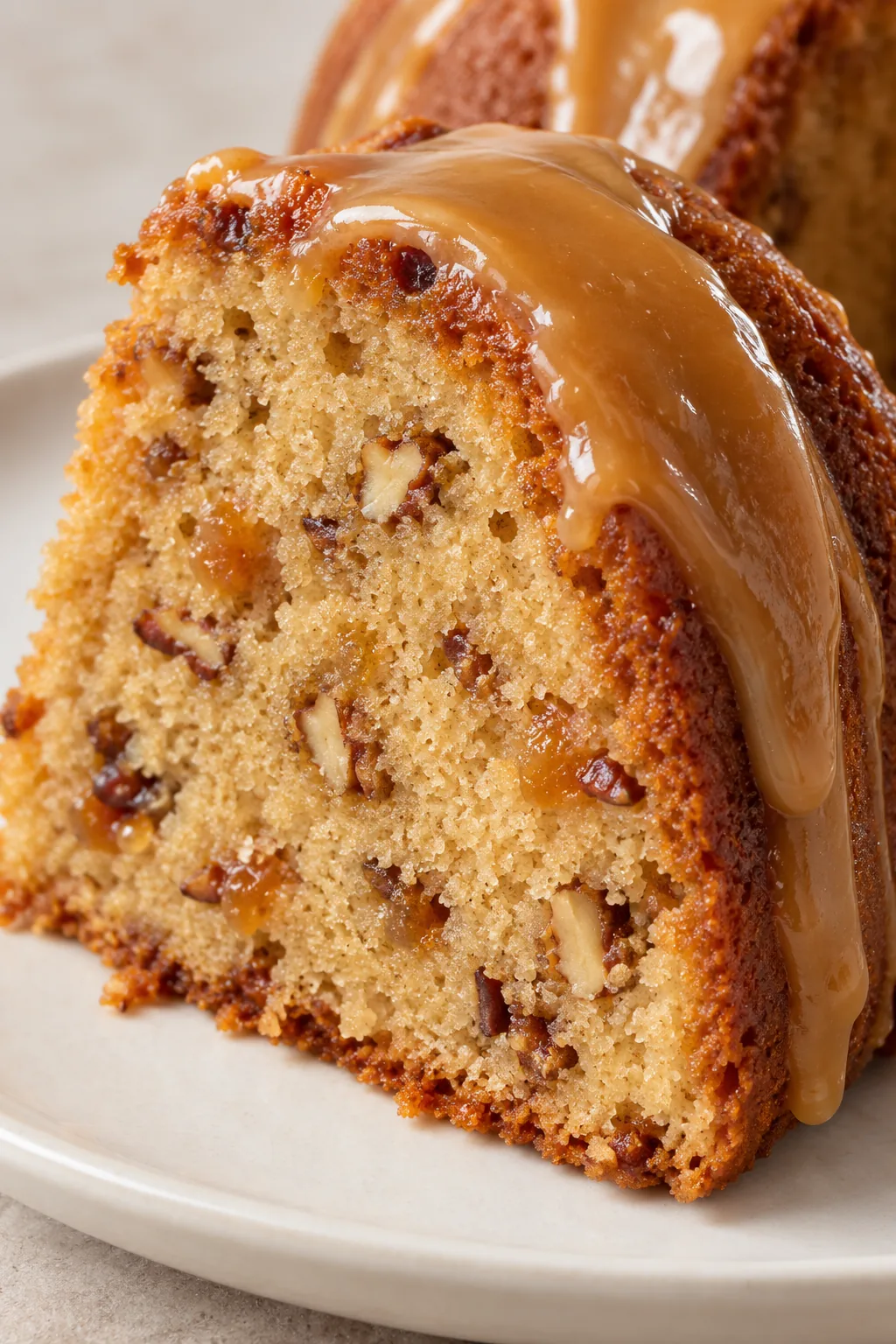 Close-up of brown sugar pound cake crumb with chopped pecans, toffee pieces, and a creamy caramel layer