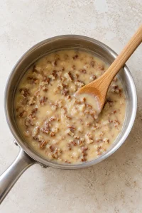 Warm butter pecan glaze with sweetened condensed milk and chopped pecans in a saucepan