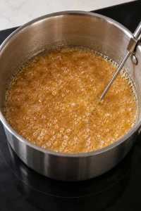 Amber butter toffee bubbling in a heavy saucepan with a thermometer probe