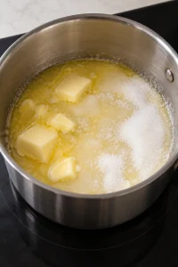 Butter and granulated sugar melting together in a heavy saucepan