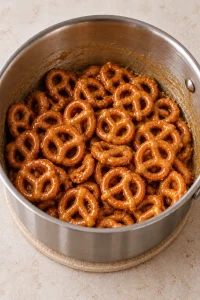 Mini pretzel twists coated with warm amber toffee in the saucepan