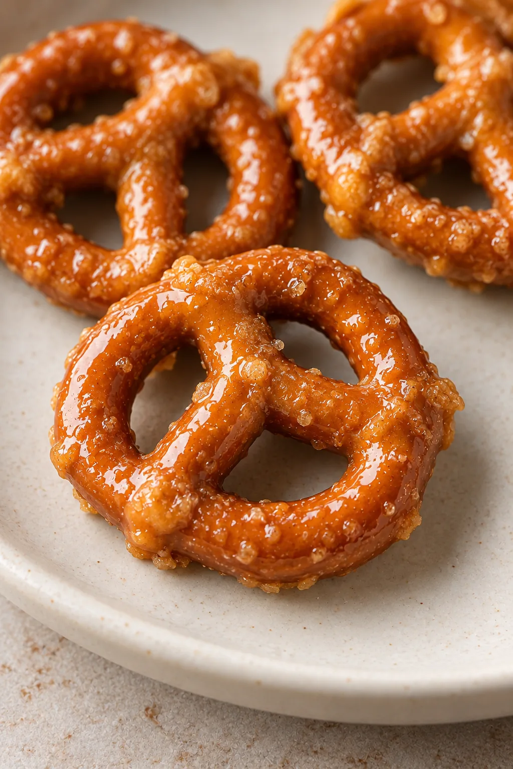 Close view of the firm amber toffee coating on intact mini pretzel twists
