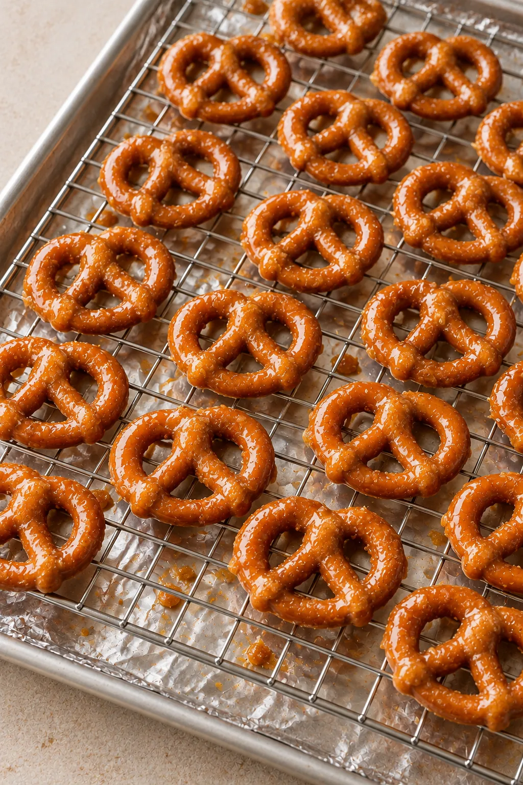 Finished butter toffee pretzels cooling in a single layer on an oven-safe rack