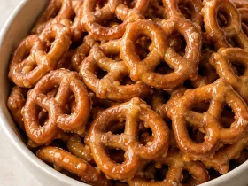 Whole mini pretzel twists coated in amber butter toffee in a cream bowl