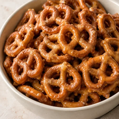 Whole mini pretzel twists coated in amber butter toffee in a cream bowl