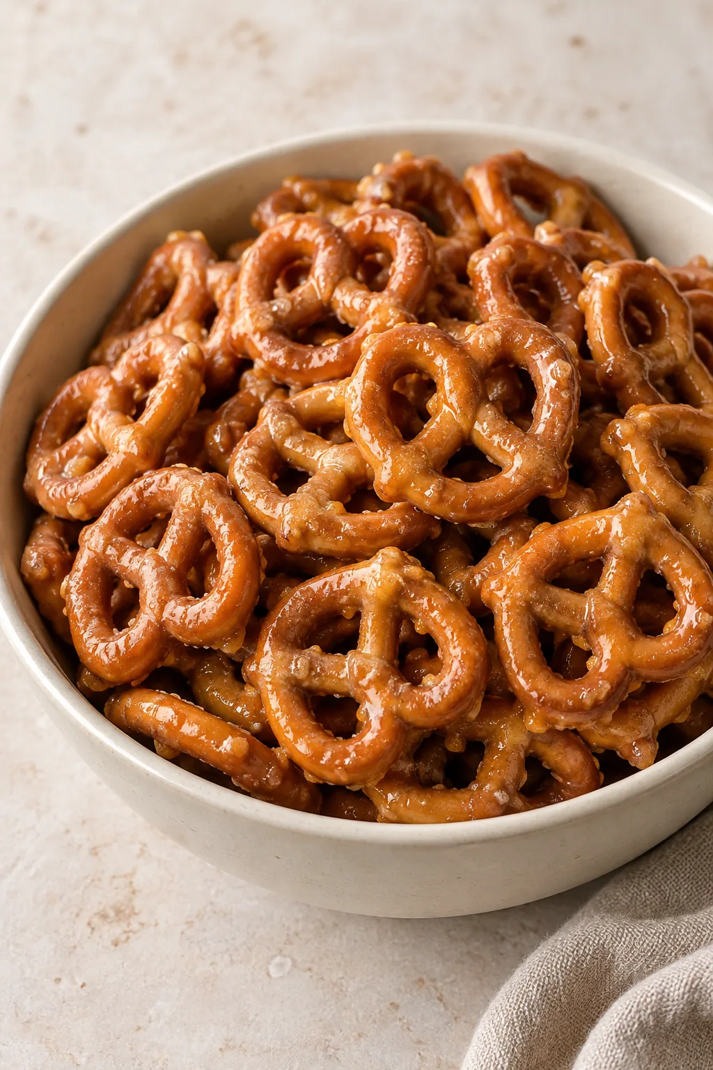 Whole mini pretzel twists coated in amber butter toffee in a cream bowl