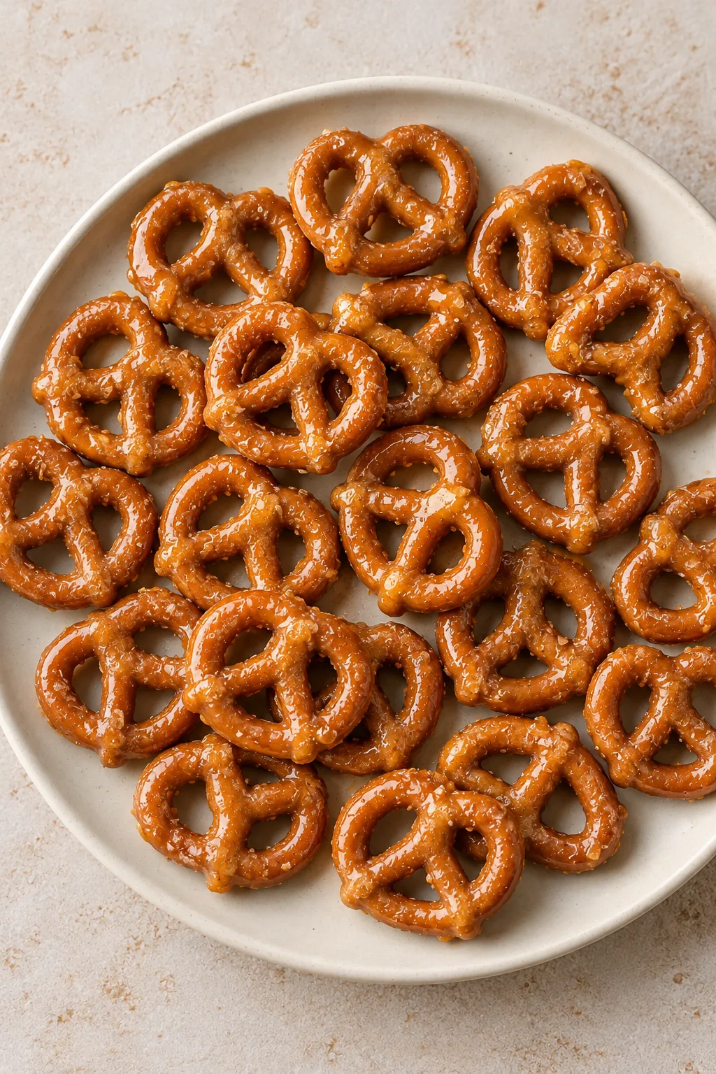 Overhead view of butter toffee pretzels spread on a cream serving plate