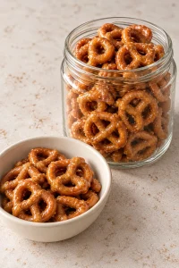 Finished butter toffee pretzels in an open plain glass jar beside a small serving bowl