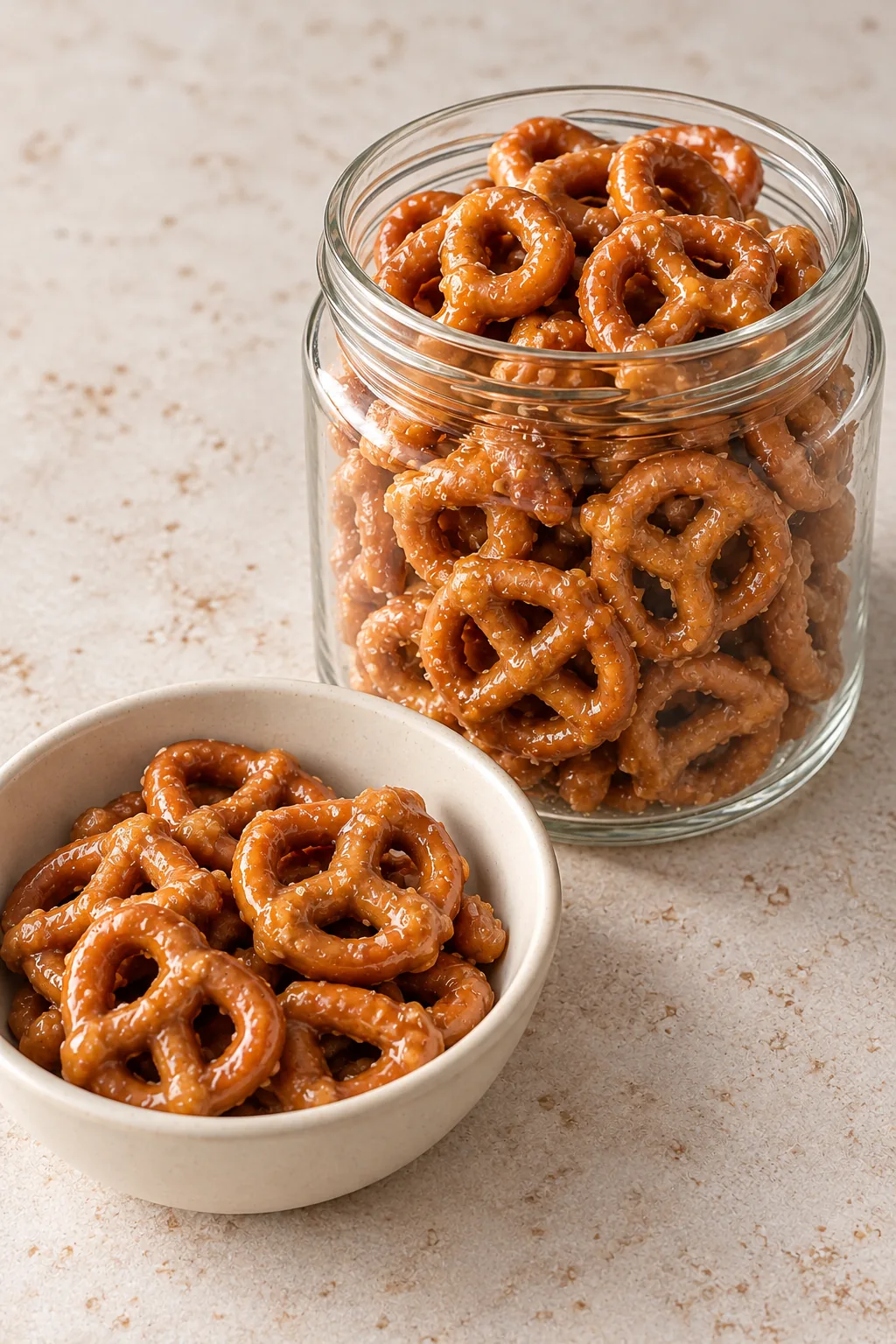 Finished butter toffee pretzels in an open plain glass jar beside a small serving bowl
