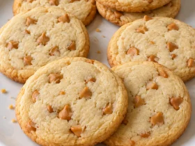 Pale round butterscotch shortbread cookies with golden edges and caramel-colored chips on a white plate