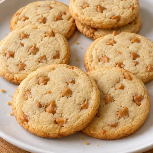 Pale round butterscotch shortbread cookies with golden edges and caramel-colored chips on a white plate