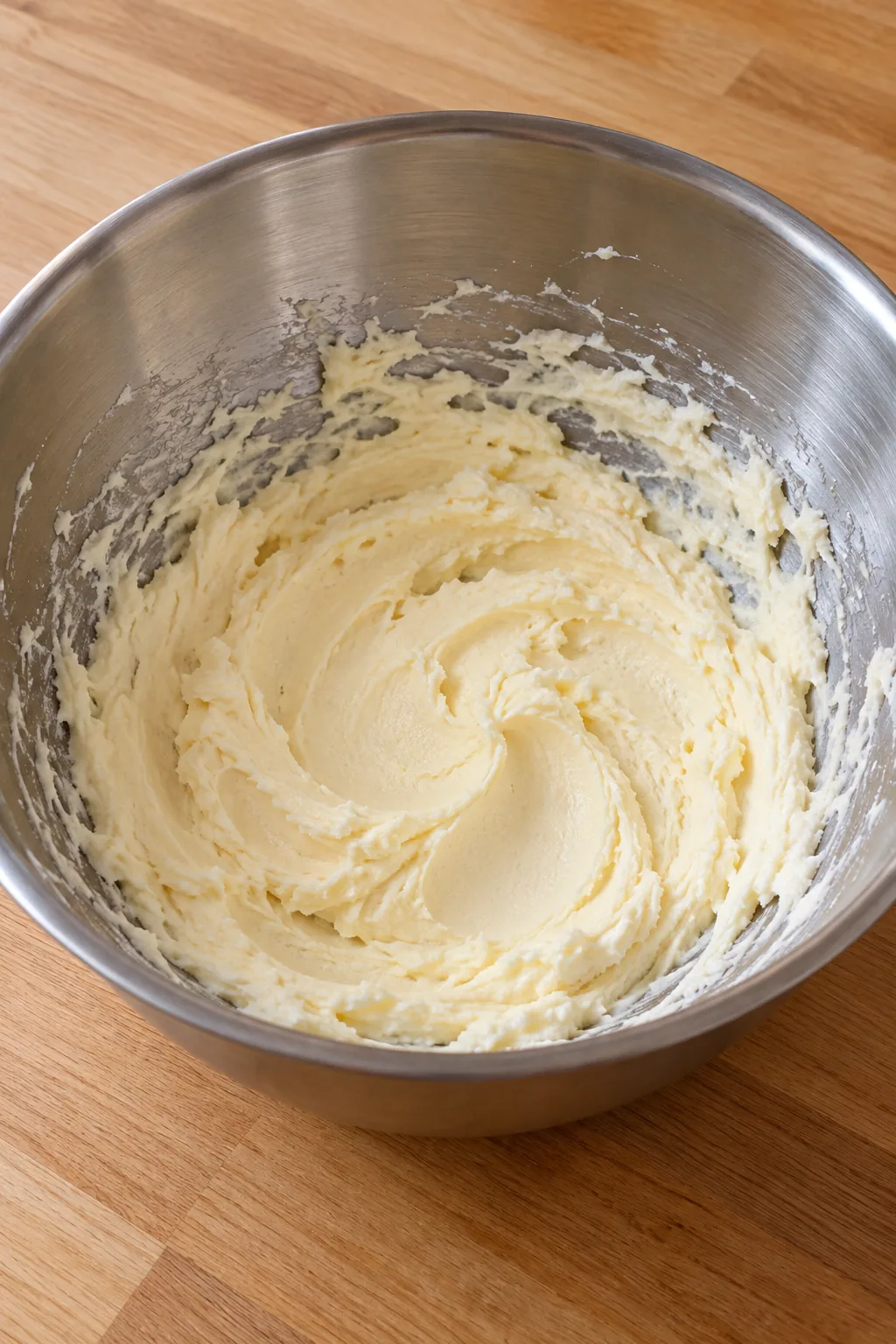 Smooth pale butter and powdered sugar mixture in a stainless steel mixing bowl