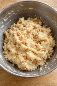 Thick pale shortbread dough with small butterscotch chips mixed through it in a bowl