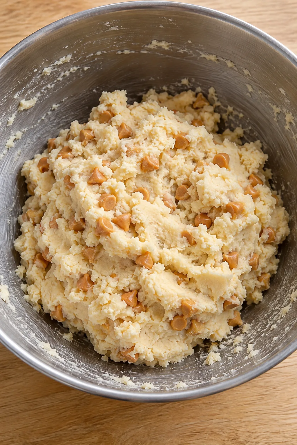 Thick pale shortbread dough with small butterscotch chips mixed through it in a bowl