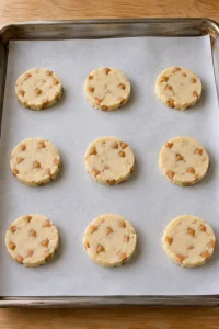 Unbaked round shortbread cookies with butterscotch chips spaced apart on a parchment-lined baking sheet