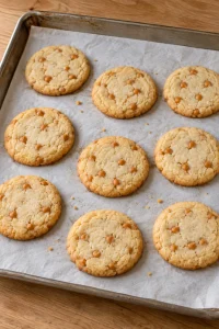 Baked butterscotch shortbread cookies with pale centers and lightly golden edges on parchment