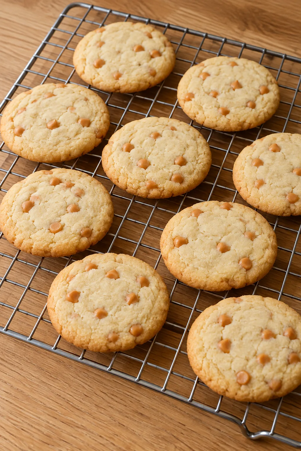 Whole butterscotch shortbread cookies cooling in one layer on a wire rack
