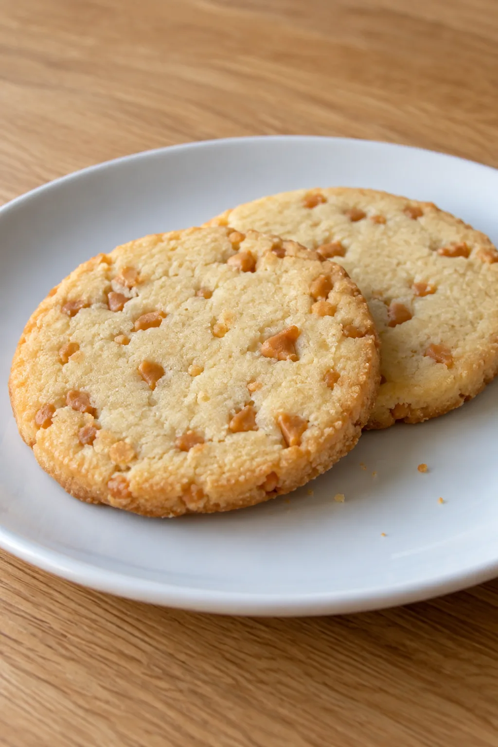 Close view of whole butterscotch shortbread cookies showing the pale tops, thin golden edges and small baking chips