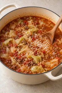 Uncooked long-grain white rice and seasonings stirred into the soup.