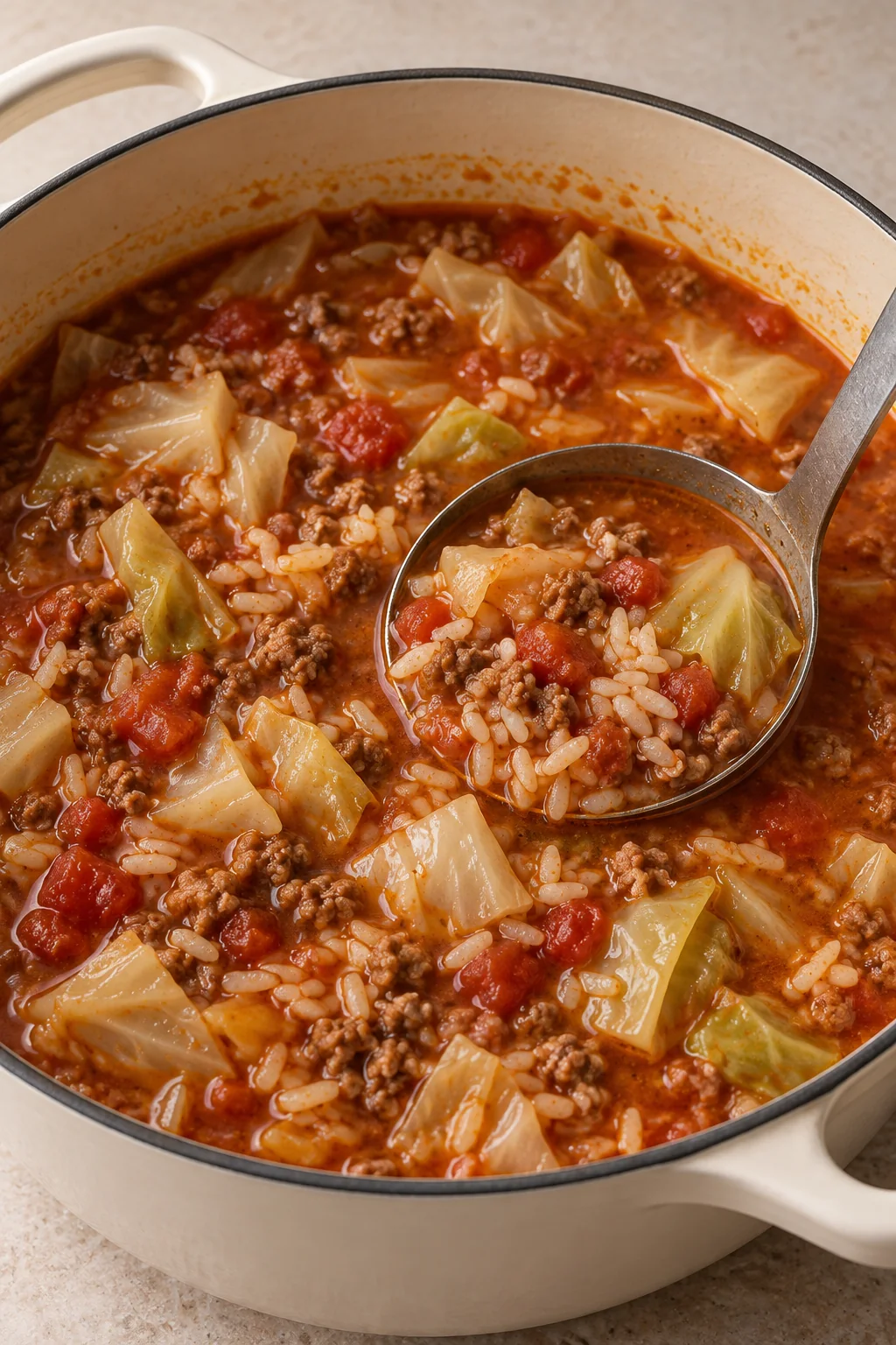 A ladleful of soup showing tender cabbage, beef and cooked rice.