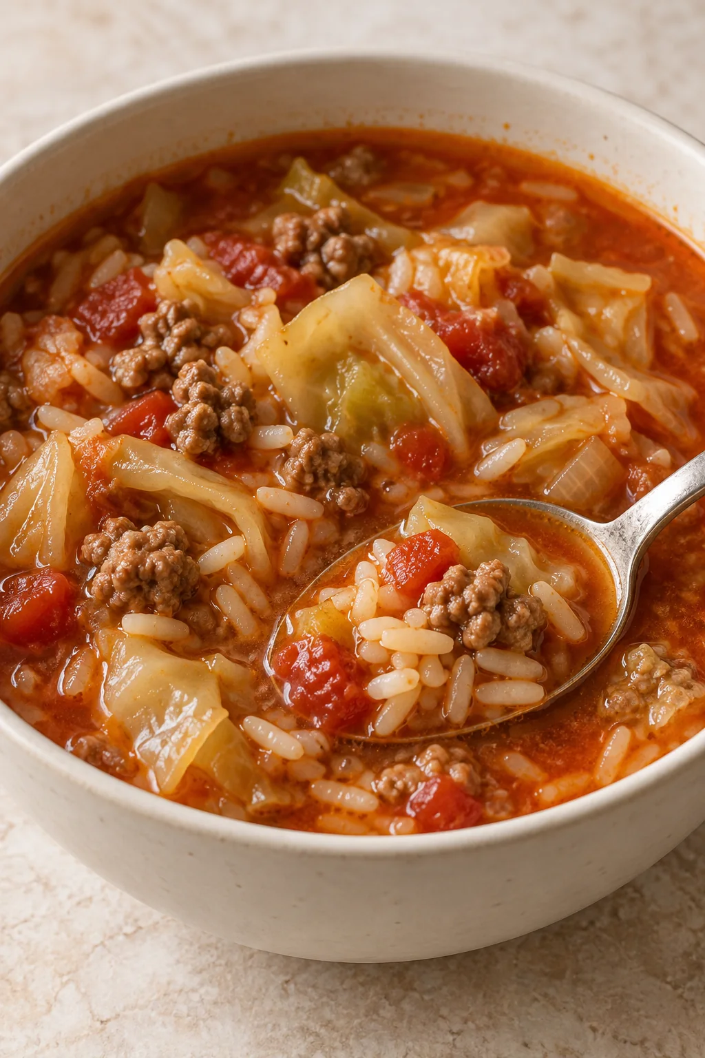 Close view of cooked rice, cabbage and ground beef in the soup.