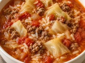 Cabbage roll soup with beef, tender cabbage and rice in tomato broth.