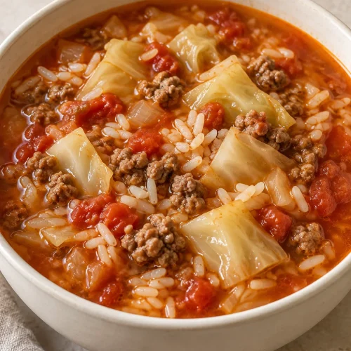 Cabbage roll soup with beef, tender cabbage and rice in tomato broth.