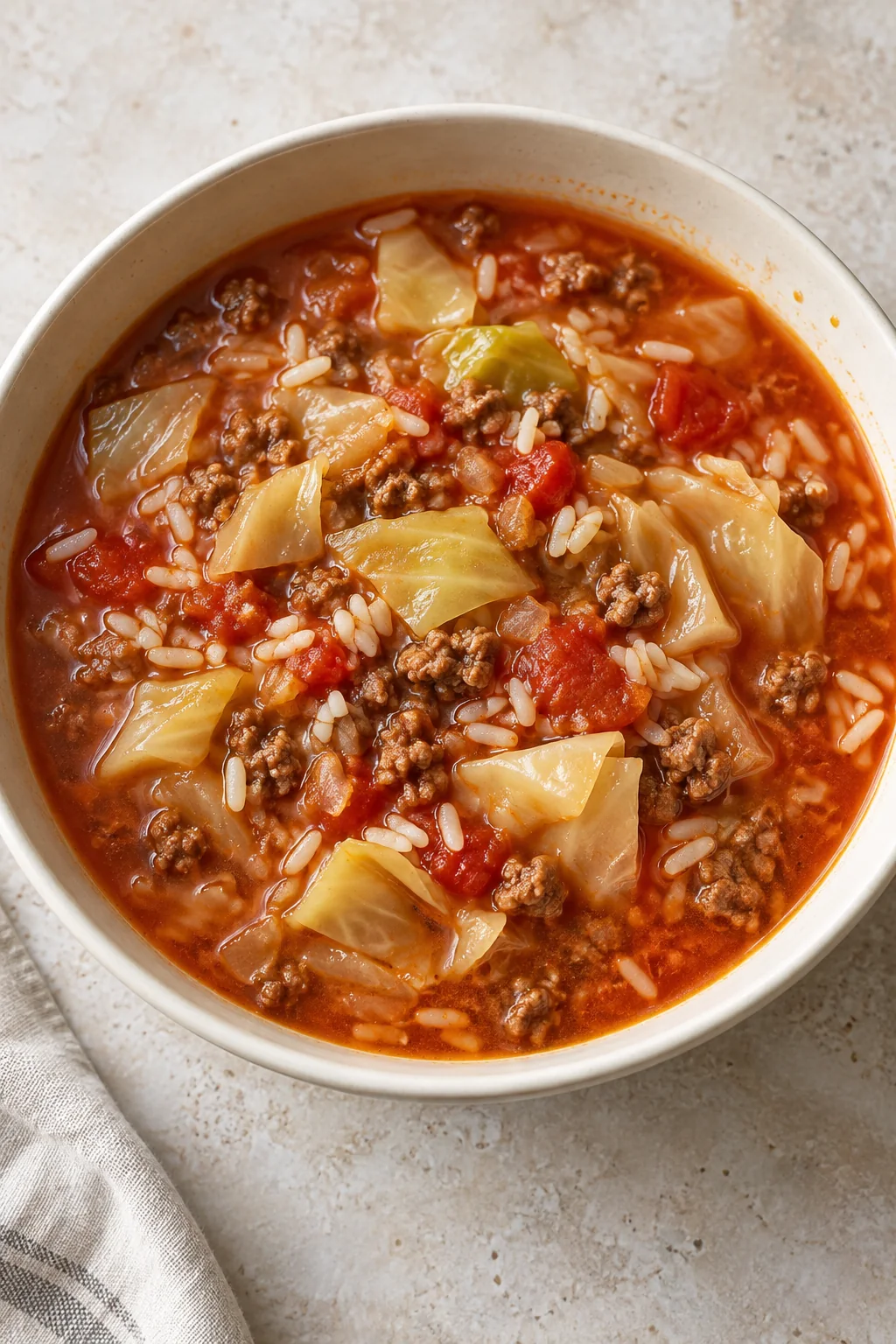 A bowl of finished cabbage roll soup viewed from above.