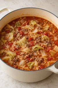 Finished cabbage roll soup with soft cabbage and cooked rice in the Dutch oven.