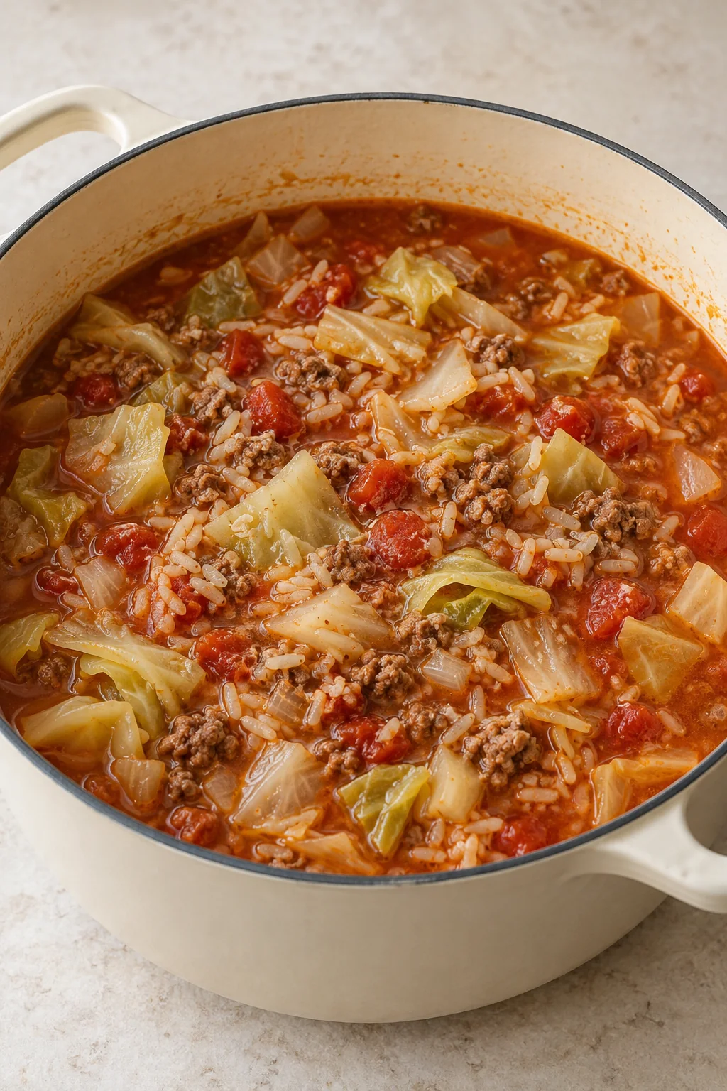 Finished cabbage roll soup with soft cabbage and cooked rice in the Dutch oven.
