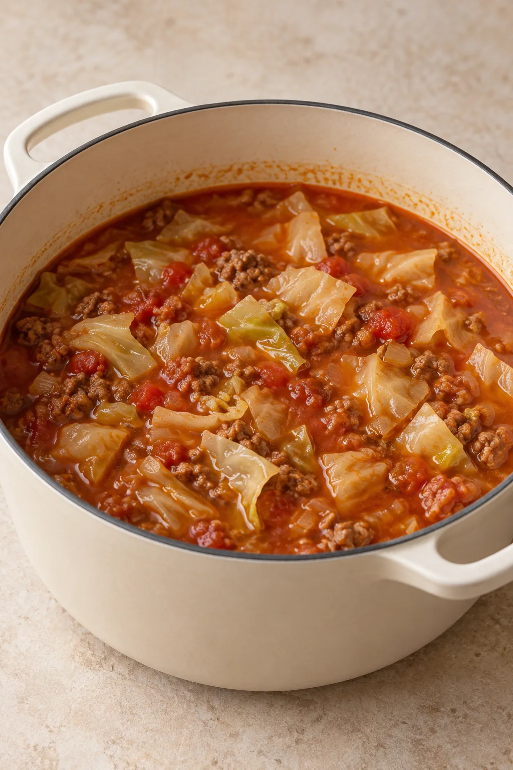 Tomato sauce, diced tomatoes and broth added to the cabbage and beef.