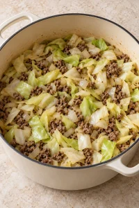 Chopped cabbage beginning to soften with beef and onion in the pot.