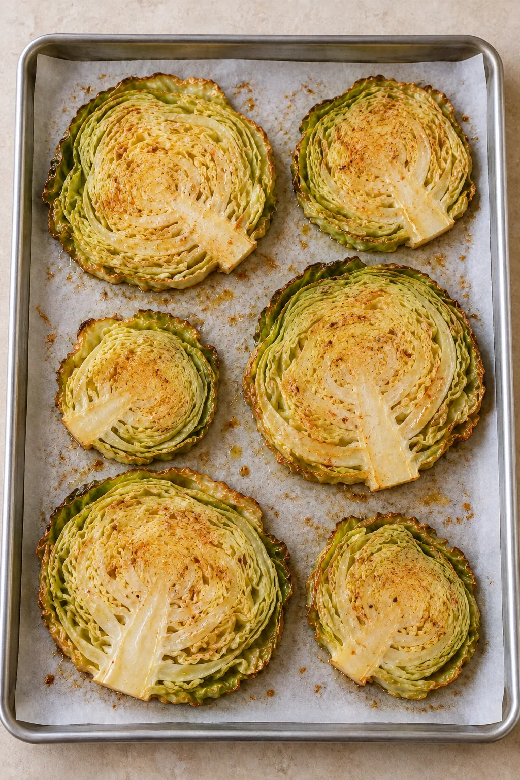 Cabbage steaks after the first roast, with softened centers and lightly browned edges before adding Parmesan