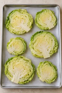 Raw cabbage steaks brushed with olive oil and spaced apart on parchment before seasoning