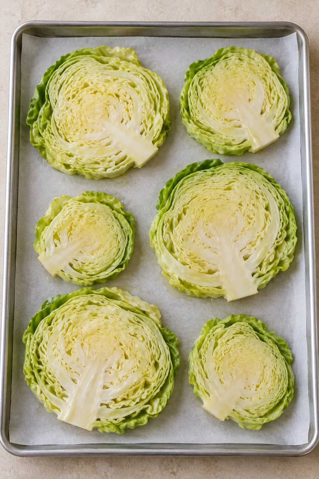 Raw cabbage steaks brushed with olive oil and spaced apart on parchment before seasoning