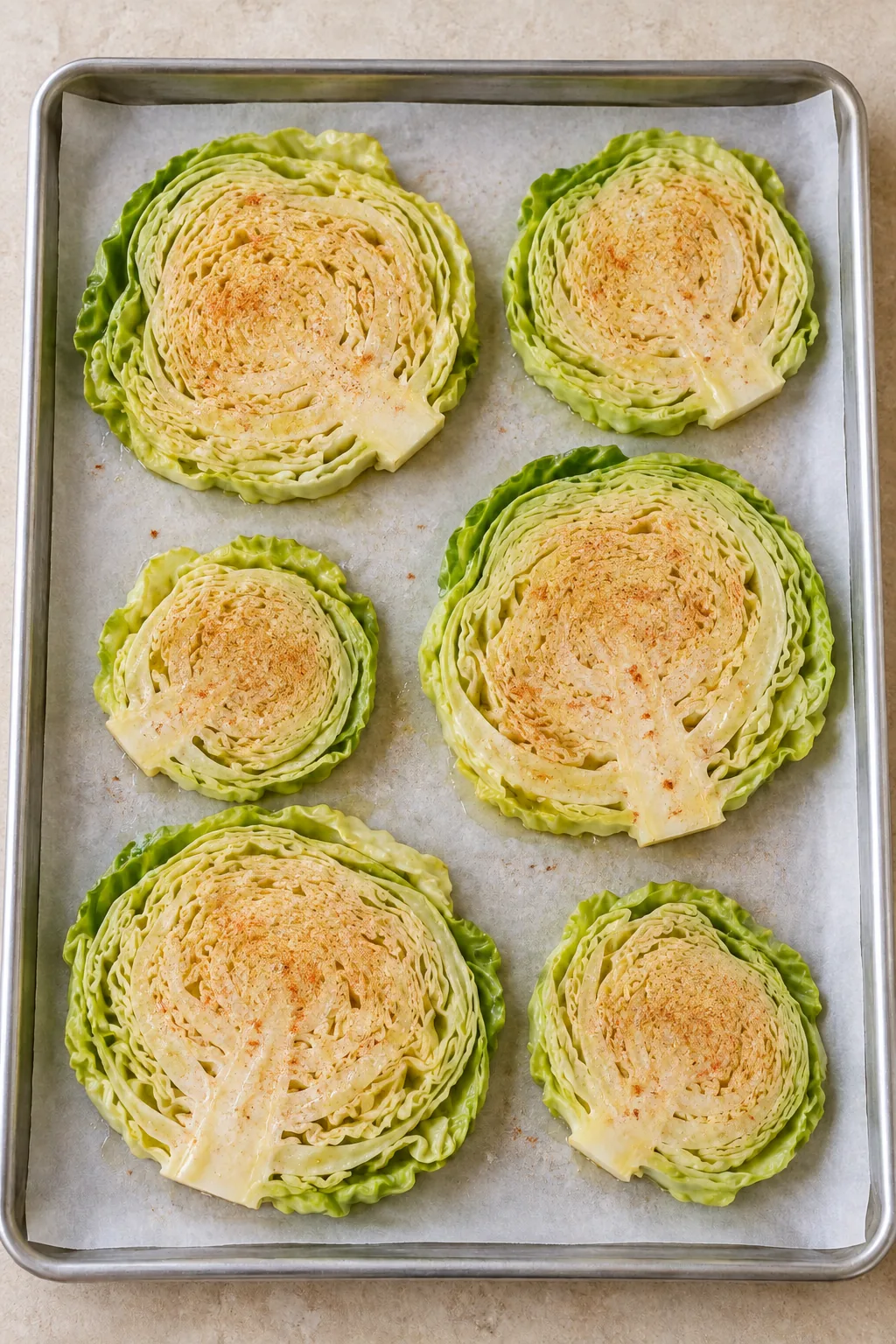 Oiled cabbage steaks sprinkled with garlic, onion, smoked paprika, salt and pepper before roasting