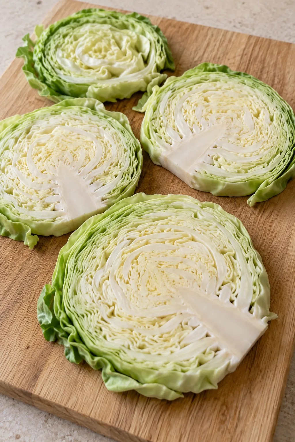 Thick raw green cabbage slices on a pale wooden board before seasoning
