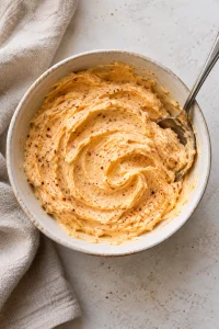 Whipped Cajun honey butter mixed in a bowl