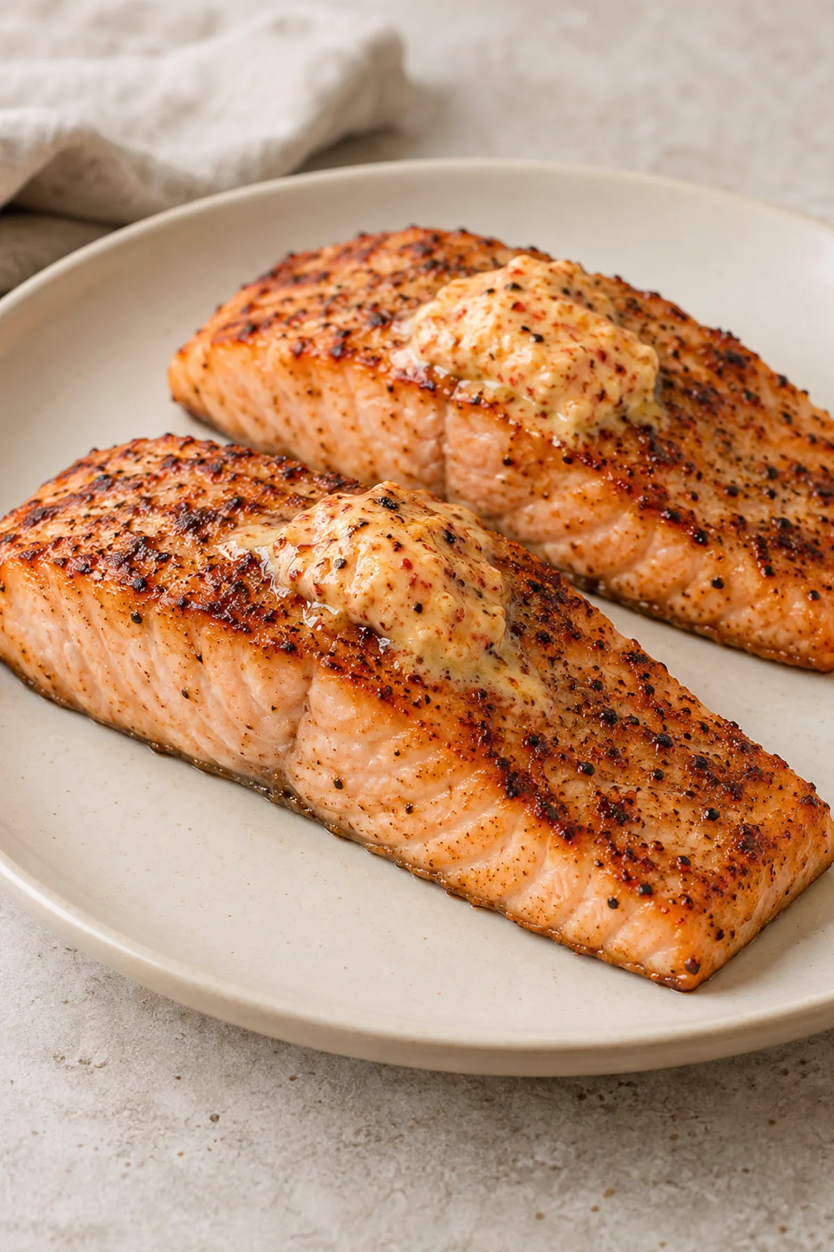 Cooked salmon topped with Cajun honey butter