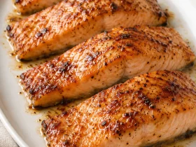 Cajun honey butter salmon fillets on an ivory platter