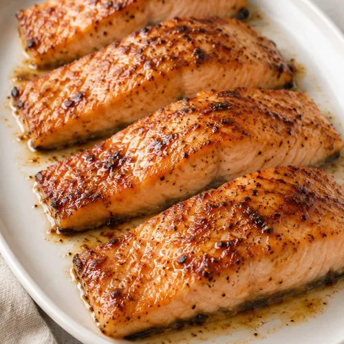 Cajun honey butter salmon fillets on an ivory platter