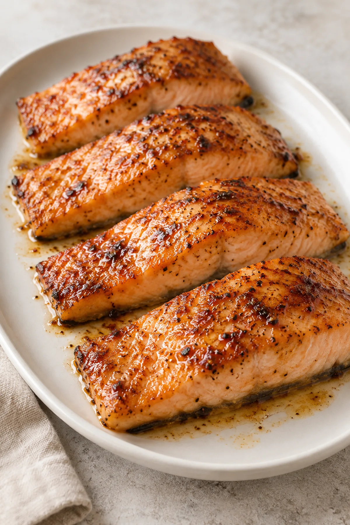 Cajun honey butter salmon fillets on an ivory platter