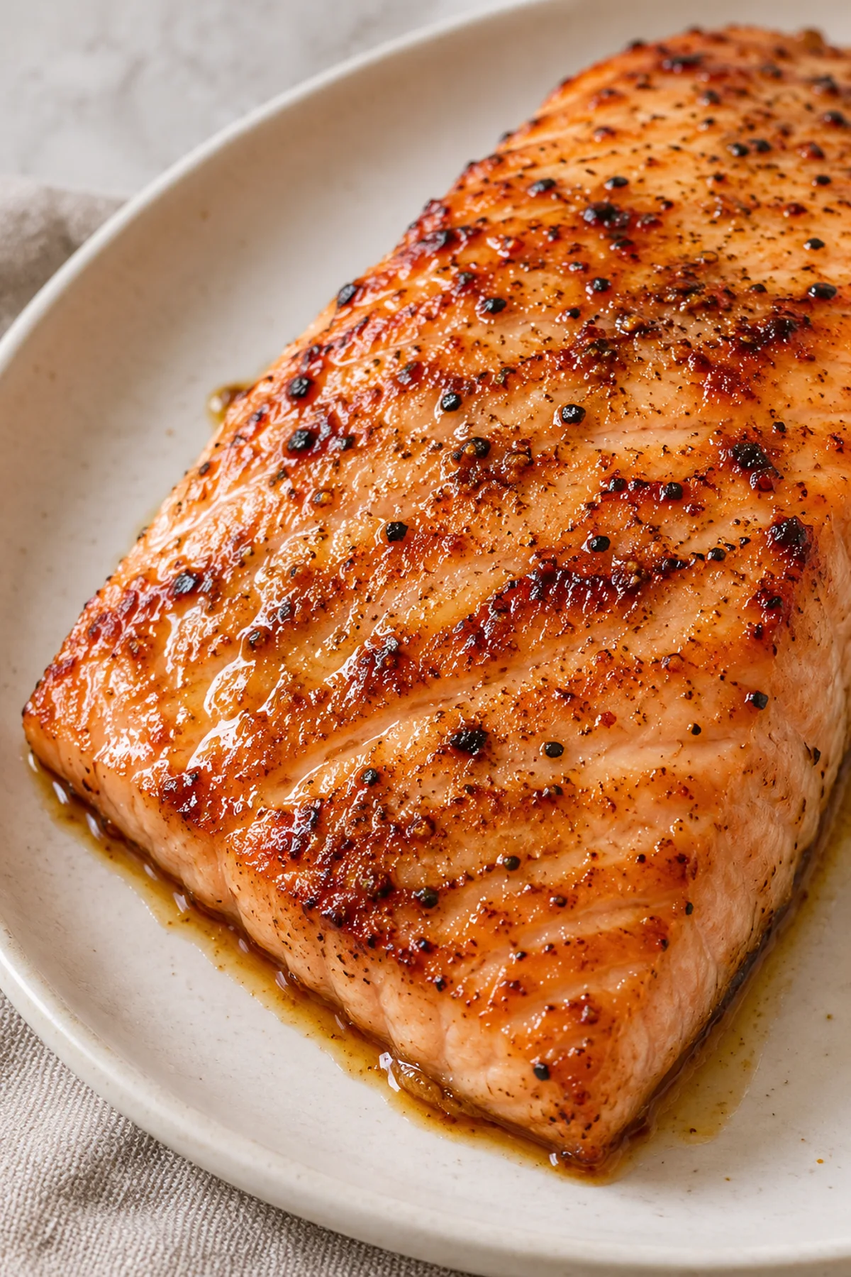 Close view of the honey butter glaze and seasoning on salmon