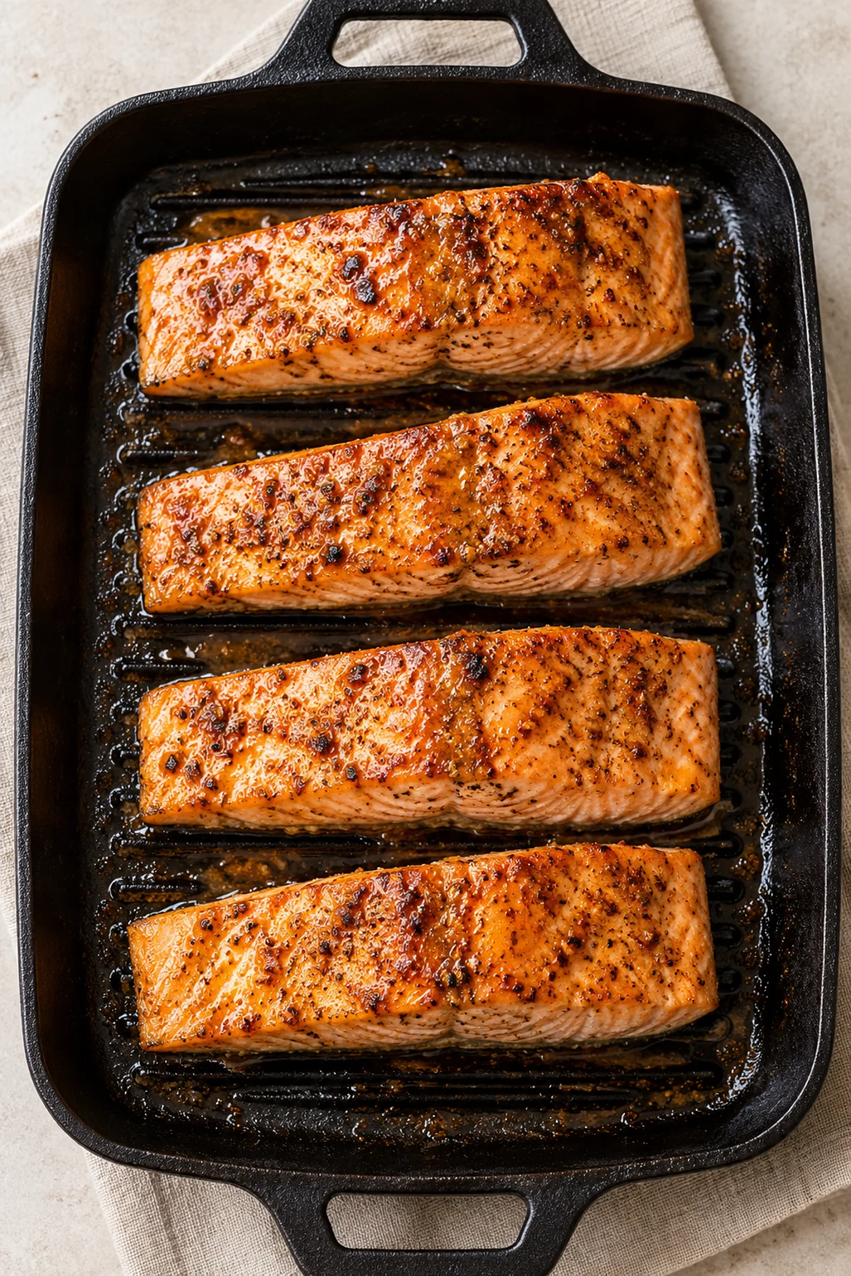 Overhead view of Cajun honey butter salmon in a grill pan