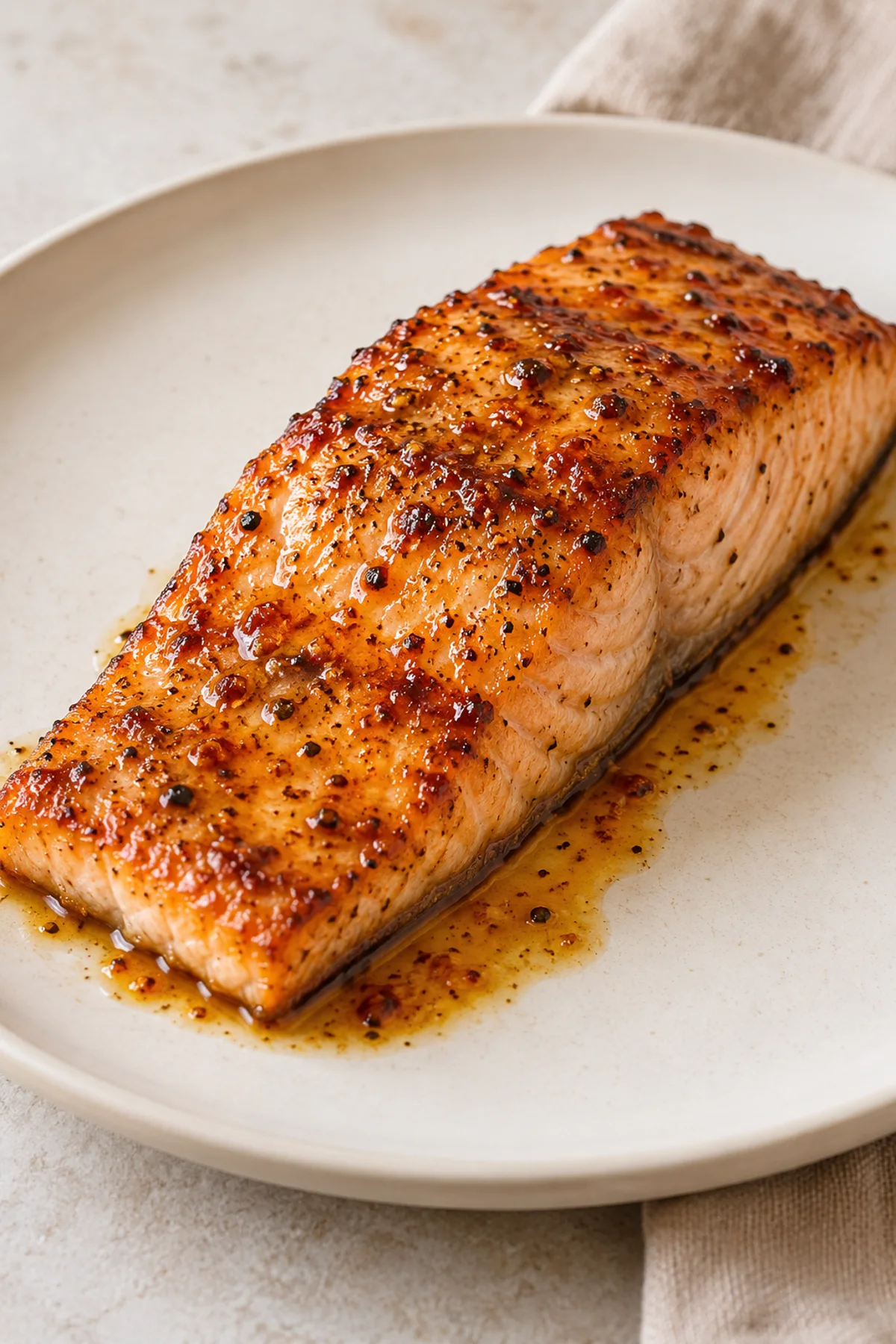 One glazed Cajun honey butter salmon fillet on a plate