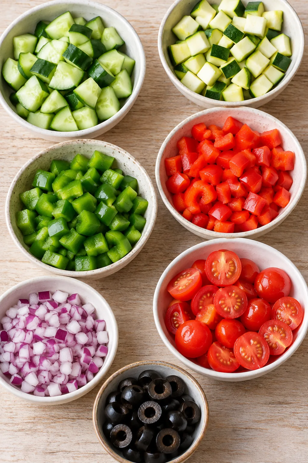 Diced cucumber, zucchini, peppers, onion, tomato halves, and sliced olives