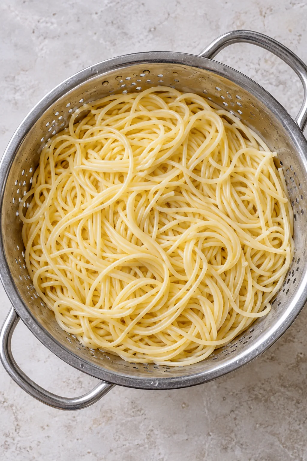 Cooled and drained spaghetti in a metal colander